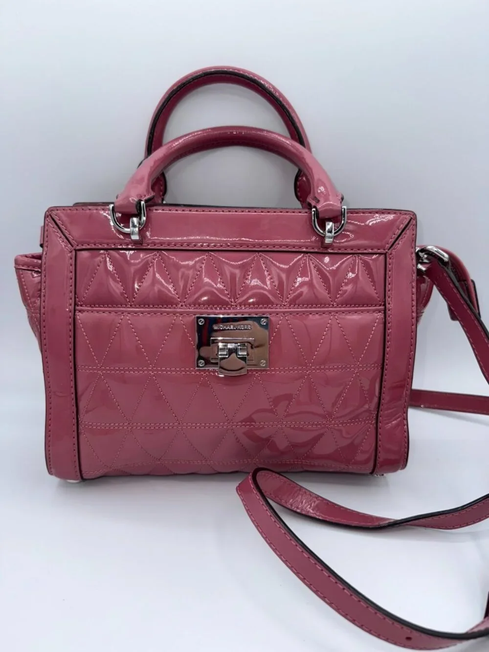 Michael Kors Pink Patent Leather Quilted Satchel Crossbody Bag